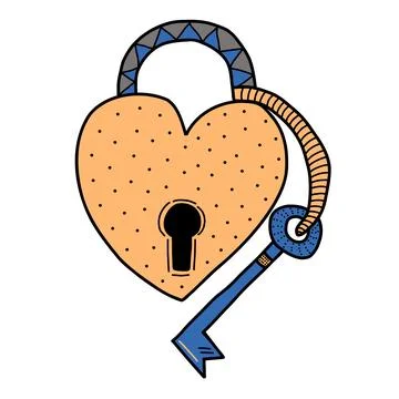 Continuous one line drawing of a heart shaped lock and key. Vector illustrati Illustrazione stock