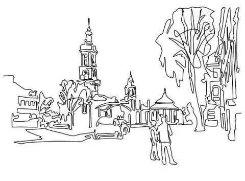 Continuous one line drawing of historical town Kamenets-Podolsky Stock Illustration
