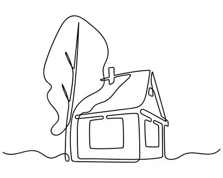 Continuous One Line drawing of House with Tree. Abstract small country house Stock Illustration