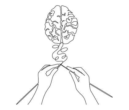 Continuous one line drawing of human hands knitting brain. Mental health and Stock Illustration