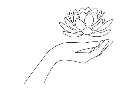 Continuous one line drawing of human hand with lotus flower. Water lily buddhism Stock Illustration