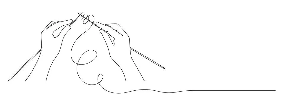 Continuous one line drawing of human hands knitting. handmade and cozy hobby Stock Illustration