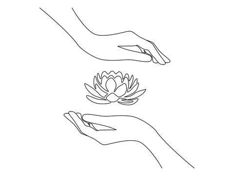 Continuous one line drawing of human hand with lotus flower. Water lily buddhism Stock Illustration