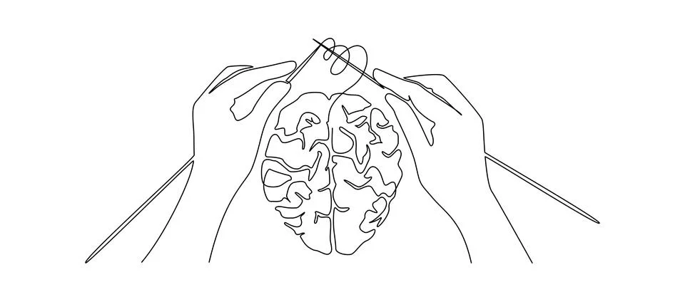 Continuous one line drawing of human hands knitting brain. Mental health and Stock Illustration