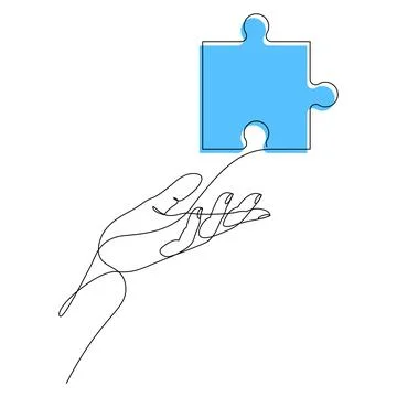 Continuous one line drawing of human hand holding puzzle. Puzzle game symbol Stock Illustration
