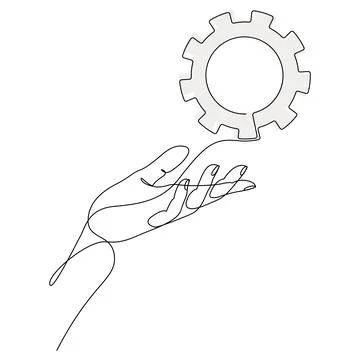 Continuous one line drawing of human hand holding metal gear. Stock Illustration