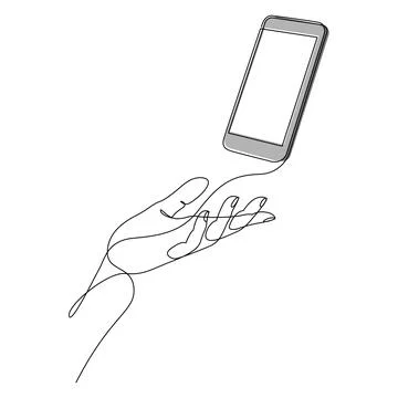 Continuous one line drawing of human hand holding smartphone. Mobile phone on Stock Illustration