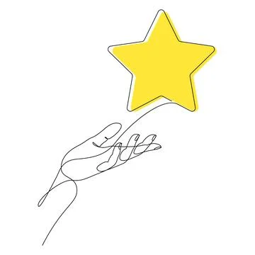 Continuous one line drawing of human hand holding yellow star. Stock Illustration