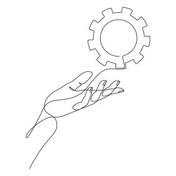 Continuous one line drawing of human hand holding metal gear. Machine wheel.. 스톡 일러스트