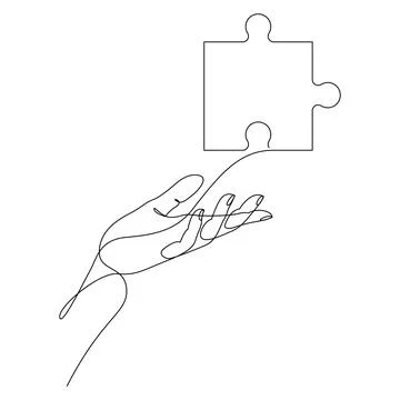 Continuous one line drawing of human hand holding puzzle. Puzzle game symbol Stock Illustration