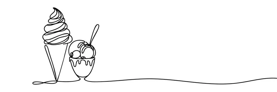 Continuous one line drawing of Ice Cream. Ice Cream Cone line art drawing vec Stock Illustration