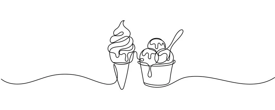 Continuous one line drawing of Ice Cream. Ice Cream Cone line art drawing v.. Stock Illustration