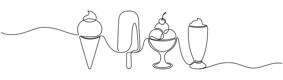 Continuous one line drawing of Ice Cream. Ice Cream Cone line art drawing v.. Illustrazione stock