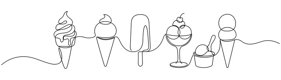 Continuous one line drawing of Ice Cream. Ice Cream Cone line art drawing v.. 스톡 일러스트
