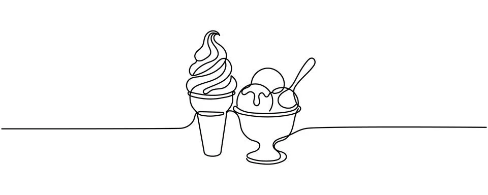 Continuous one line drawing of Ice Cream. Ice Cream Cone line art drawing v.. Stock Illustration
