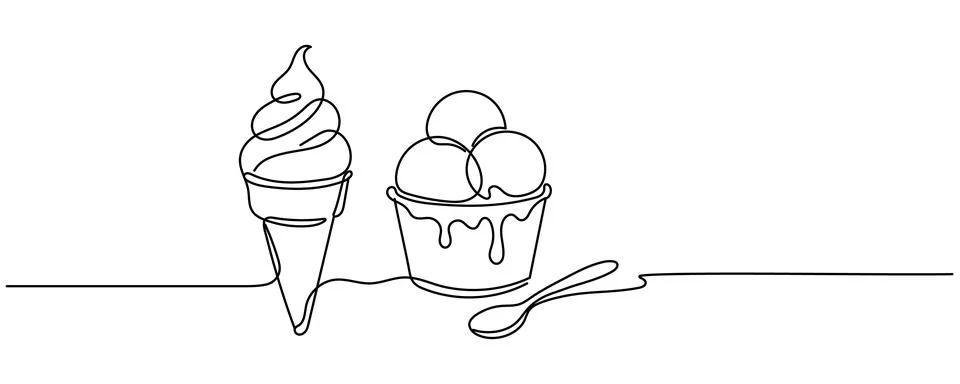 Continuous one line drawing of Ice Cream. Ice Cream Cone line art drawing v.. 스톡 일러스트
