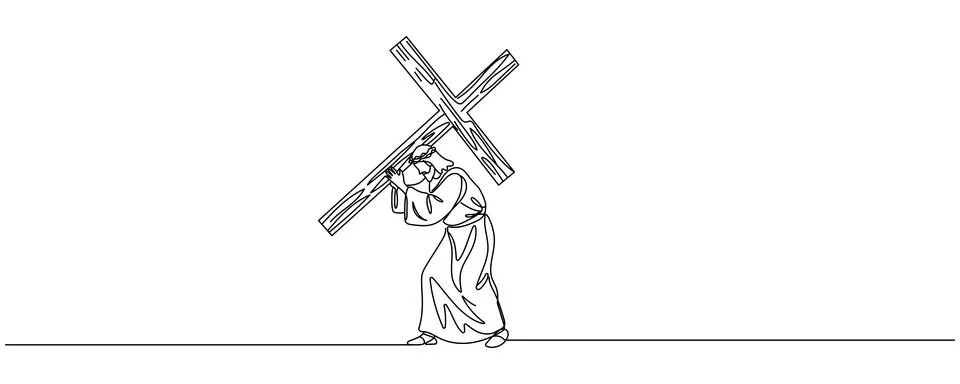 Continuous one line drawing of Jesus Christ carrying the cross- crucifix vect Stock Illustration