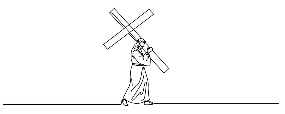Continuous one line drawing of Jesus Christ carrying the cross- crucifix vect Stock Illustration