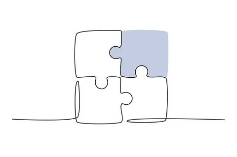 Continuous one line drawing of a joined pieces of Puzzle game. Group Teamwork Stock Illustration