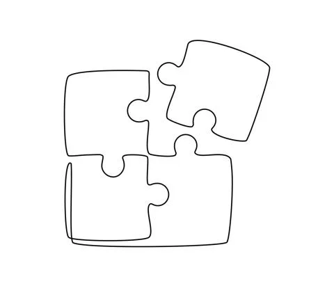 Continuous one line drawing of a joined pieces of Puzzle game. Group Teamwork Stock Illustration