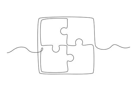 Continuous one line drawing of a joined pieces of Puzzle game on white Stock Illustration