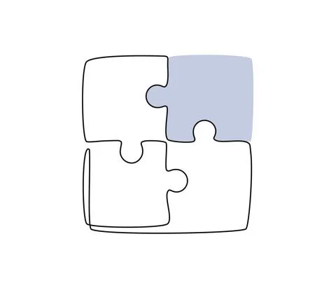 Continuous one line drawing of a joined pieces of Puzzle game. Group Teamwork Stock Illustration