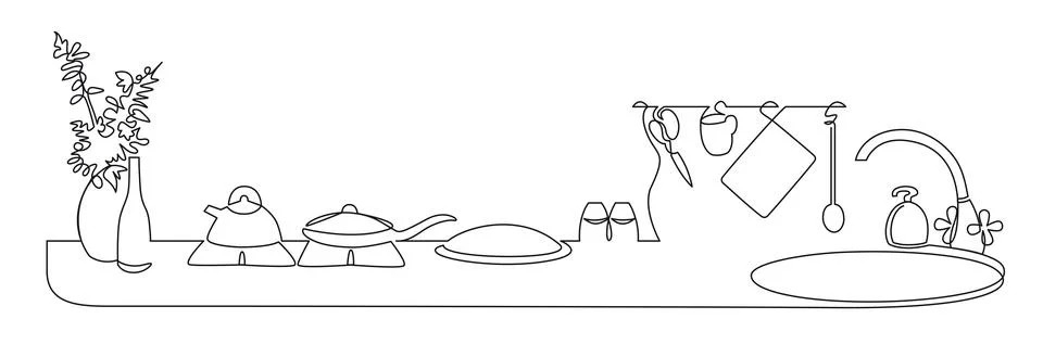 Continuous one line drawing of Kitchen interior with home appliances. Kitchen Illustrazione stock