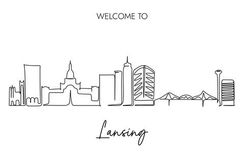 Continuous one line drawing of Lansing Skyline with Welcome to Lansing City Stock Illustration