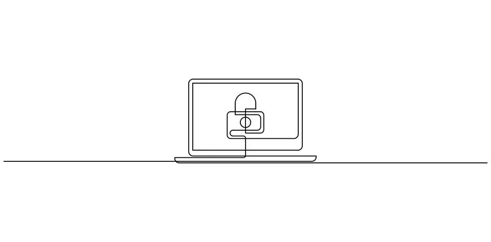 Continuous one line drawing of laptop with padlock on screen. Stock Illustration