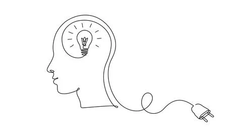 Continuous one line drawing light bulb inside head with plug. Concept of Stock Illustration