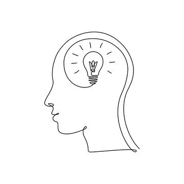 Continuous one line drawing light bulb inside head. Concept of creative idea Stock Illustration