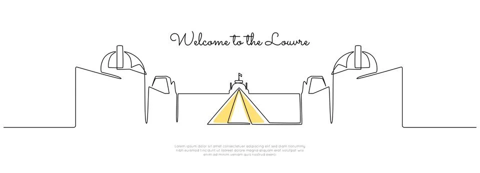 Continuous one line drawing of Louvre and glass pyramid. Famous historic Stock Illustration