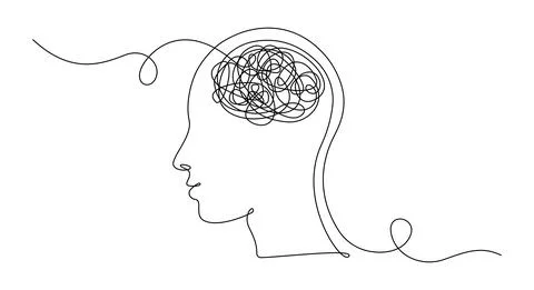 Continuous one line drawing of man head with messy thoughts worried about bad Stock Illustration