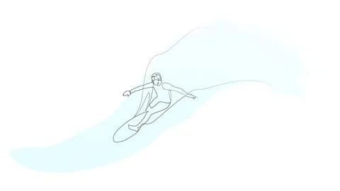Continuous one line drawing of man surfing a big wave. Single line drawing Stock Illustration