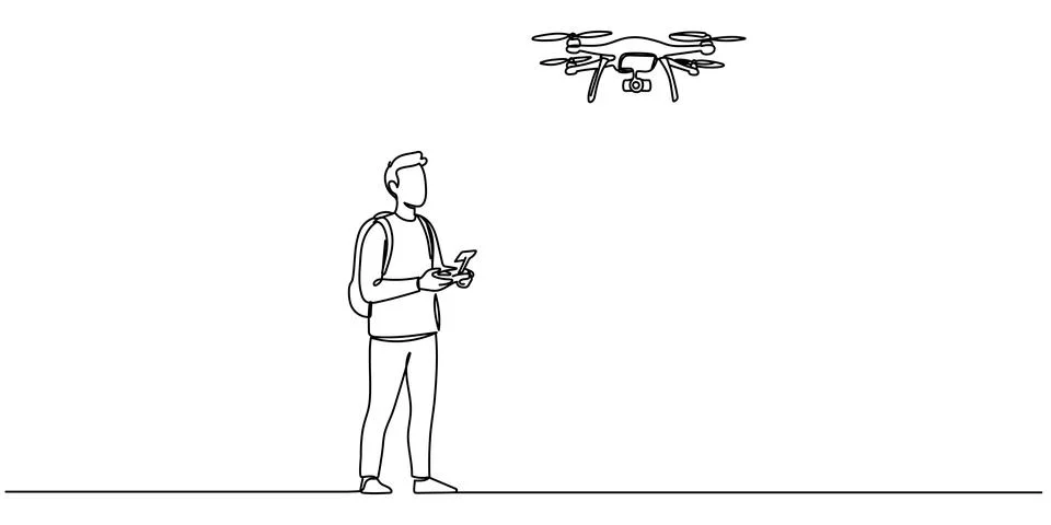 Continuous one line drawing of man operating drone remote control. Man flyi.. Stock Illustration