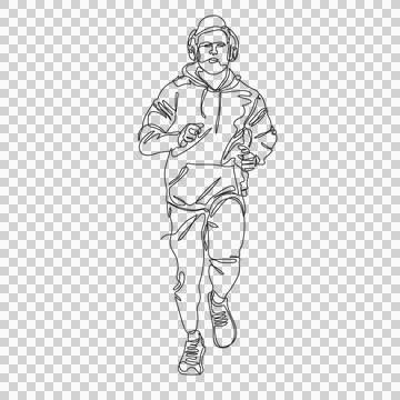 Continuous one line drawing of a man running and jogging wearing hoodie and.. Stock Illustration