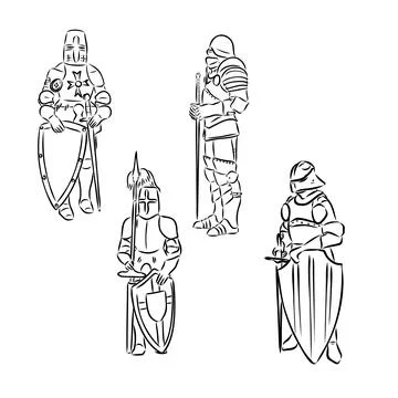 Continuous one line drawing medieval knight standing in armor Stock Illustration