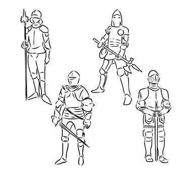 Continuous one line drawing medieval knight standing in armor Stock Illustration