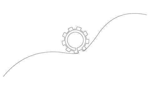 Continuous one line drawing of metal gear or cog. Mechanism wheels logo. Stock Illustration