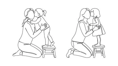Continuous one line drawing of a mother hugging her daughter on a stool Stock Illustration
