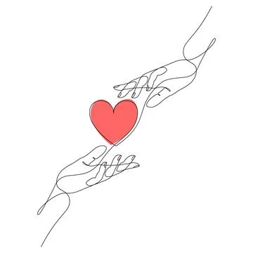Continuous one line drawing of one hand giving heart to another. Stock Illustration