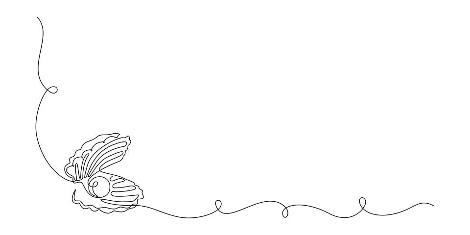 Continuous one line drawing of open oyster shell with pearl. Seashell symbol and Stock Illustration