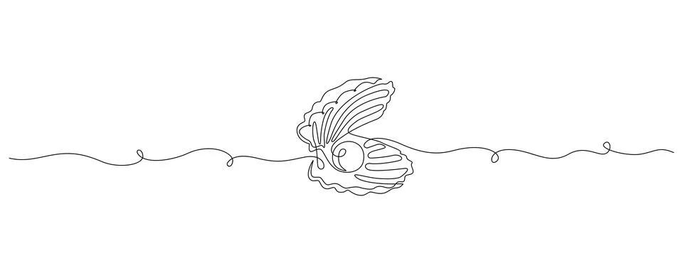Continuous one line drawing of open oyster shell with pearl. Seashell symbol and Stock Illustration