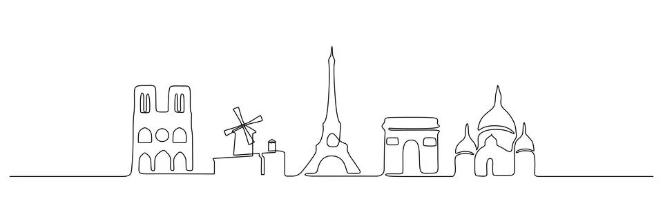 Continuous one line drawing of Paris skyline. French landmarks buildings and Stock Illustration