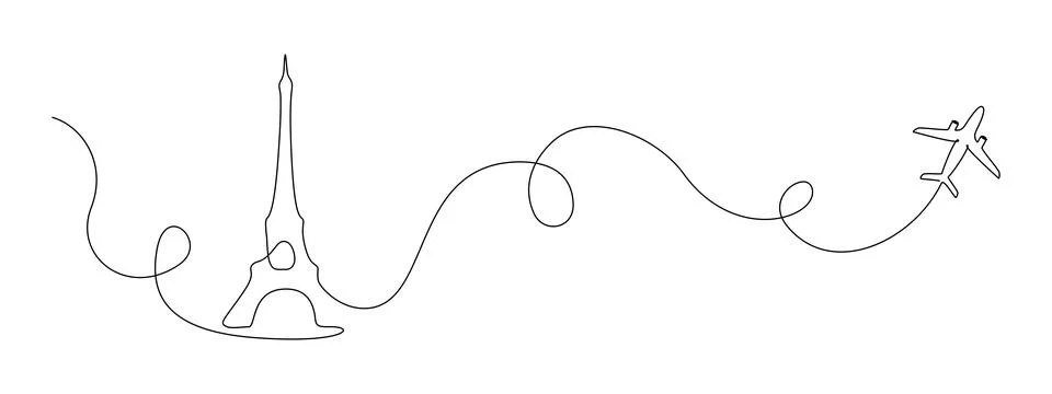 Continuous one line drawing of Paris Eiffel tower with airplane path. French Stock Illustration