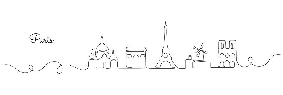 Continuous one line drawing of Paris skyline. French landmarks buildings and Stock Illustration