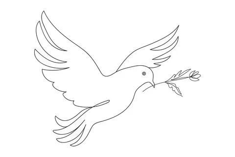 Continuous one line drawing of a pigeon in flight with a branch. Dove of peac Stock Illustration