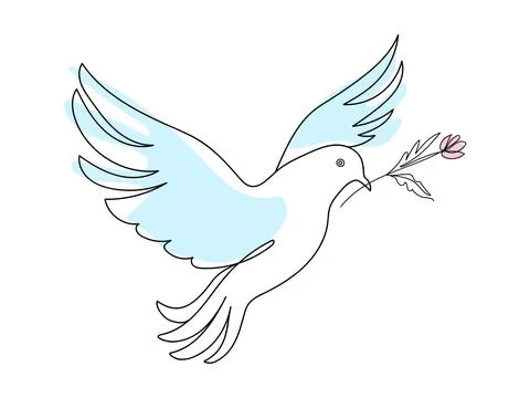 Continuous one line drawing of pigeon in flight with pink flower Isolated on  Stock Illustration