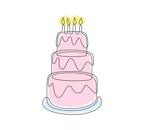 Continuous one line drawing of pink birthday cake with candles. Sweet Stock Illustration