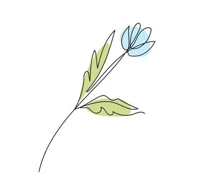 Continuous one line drawing of pink flower with green Leaf isolated on white  Stock Illustration